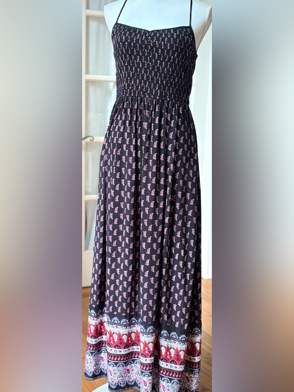 Boho Navy Paisley Smocked Maxi Dress Racerback Festival Cottagecore Small